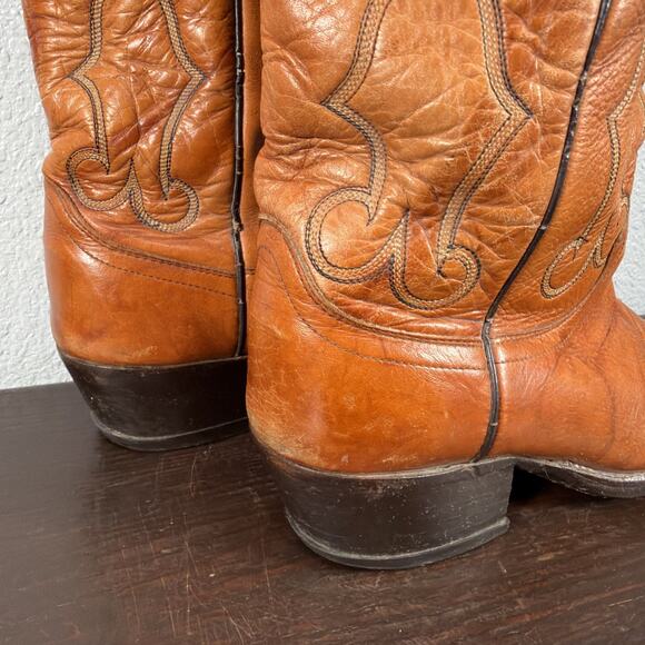 Vtg DAN POST Brown Tan Leather Pointy Toe Cowboy Western Rodeo Boots Size 9 EW
